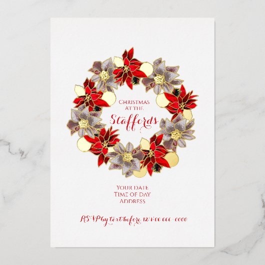 Red & Gold Christmas Poinsettia Wreath Foil Invita Folieneinladung (Vorderseite)