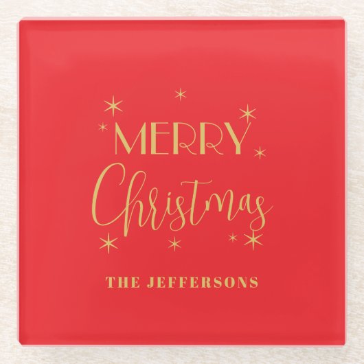Red & Gold Colors Merry Christmas Family Name Glasuntersetzer (Vorderseite)