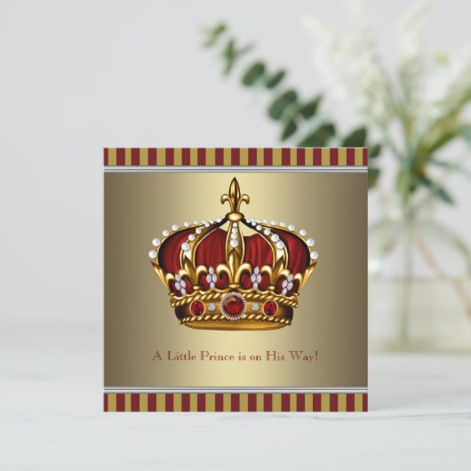 Red Gold Crown Little Prince Boy Baby Dusche Einladung (Stehend Vorderseite)