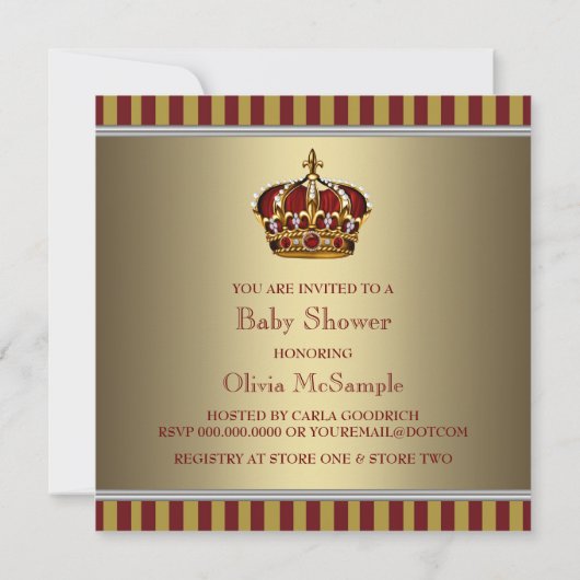 Red Gold Crown Little Prince Boy Baby Dusche Einladung (Rückseite)