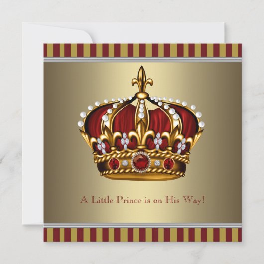 Red Gold Crown Little Prince Boy Baby Dusche Einladung (Vorderseite)