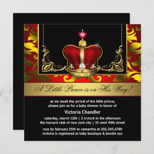 Red Gold Crown Prince Baby Shower Einladungen (Vorne/Hinten)