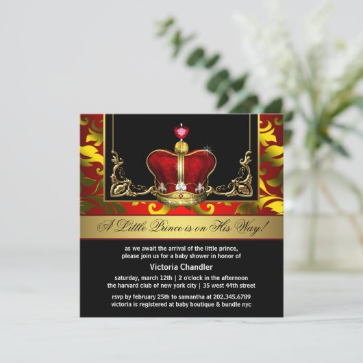 Red Gold Crown Prince Baby Shower Einladungen (Stehend Vorderseite)