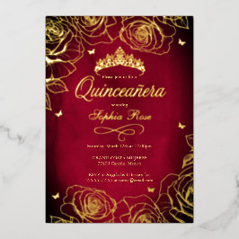 Red Gold Crown Rose Thema Quinceanera Folieneinladung