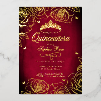 Red Gold Crown Rose Thema Quinceanera Folieneinladung