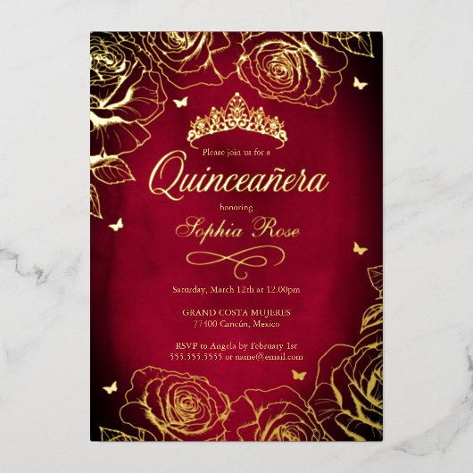 Red Gold Crown Rose Thema Quinceanera Folieneinladung (Vorderseite)