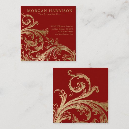Red Gold Damask Barockwirl Quadratische Visitenkarte (Vorne/Hinten)