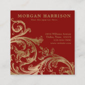 Red Gold Damask Barockwirl Quadratische Visitenkarte (Vorderseite)