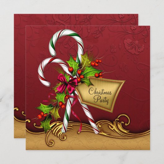 Red Gold Damask Candy Canes Weihnachtsfest Party Einladung (Vorne/Hinten)