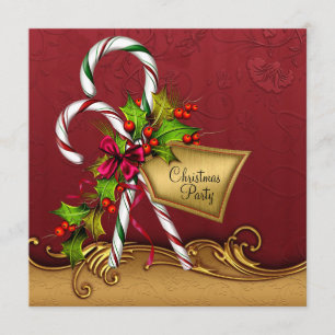 Red Gold Damask Candy Canes Weihnachtsfest Party Einladung