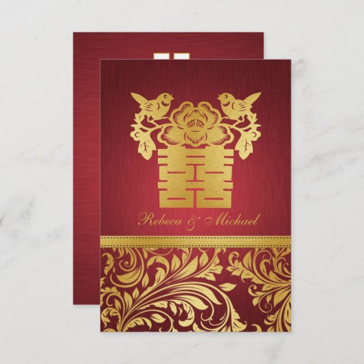 Red & Gold Damask, Chinesisch Double Happy UAWG RSVP Karte (Vorne/Hinten)