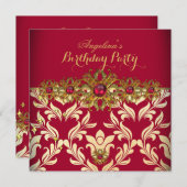 Red Gold Damask Elegante Geburtstagsparty Einladung (Vorne/Hinten)
