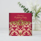 Red Gold Damask Elegante Geburtstagsparty Einladung (Stehend Vorderseite)