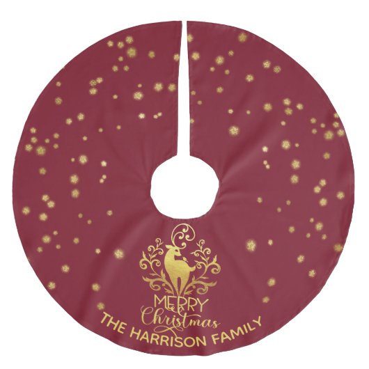 Red Gold Deer Frohe Weihnachten Polyester Weihnachtsbaumdecke (Vorderseite)