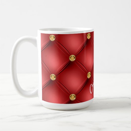 Red Gold Diamond Tufed Custom Text Name Tasse (Links)