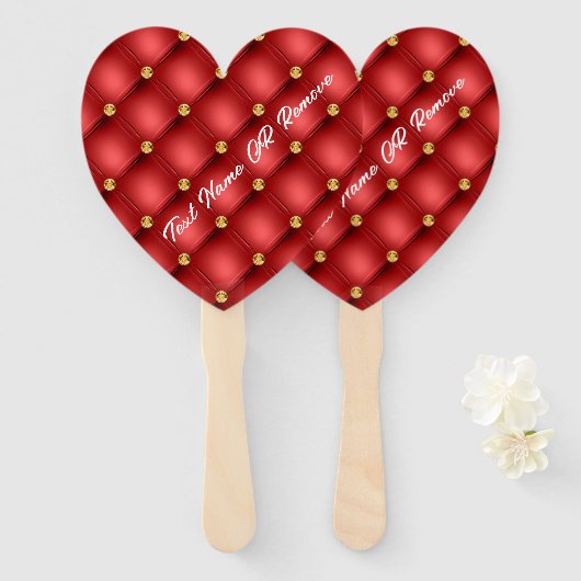 Red Gold Diamond Tufted Custom Text Hand Fan Fächer (Vorne und Hinten)