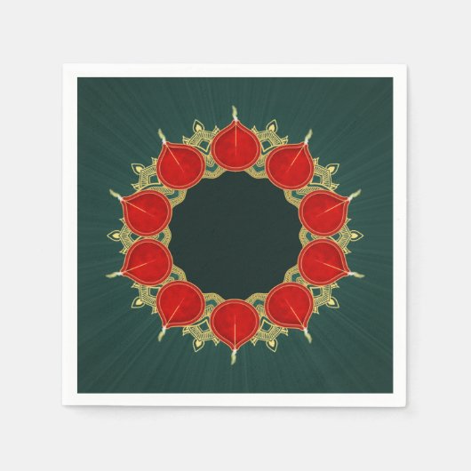 Red & Gold Diyas Mandala Diwali auf Aquamarin Serviette (Vorderseite)
