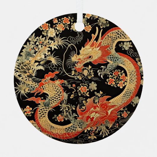 Red & Gold-Drachen aus Asien und Blume Ornament Aus Metall (Vorderseite)