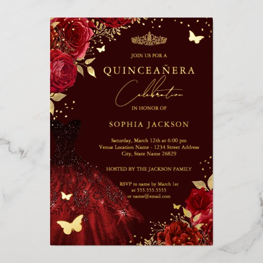 Red Gold Dress Floral Butterfly Quinceanera Folieneinladung (Vorderseite)