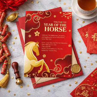 Red Gold Elegant Lunar New Year Horse Einladung