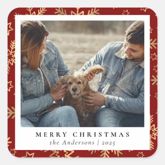 Red Gold Elegant MerChristmas Custom Foto Quadratischer Aufkleber (Vorderseite)