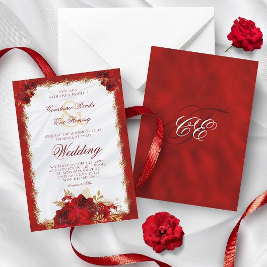 Red Gold Elegante Monogram Rose Formal Wedding Einladung