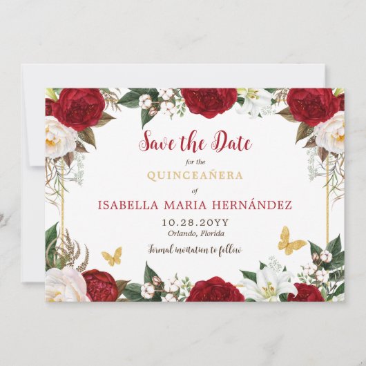 Red & Gold Elegante Quinceñera Save The Date (Vorderseite)