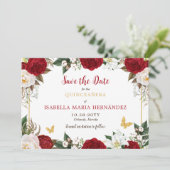 Red & Gold Elegante Quinceñera Save The Date (Stehend Vorderseite)