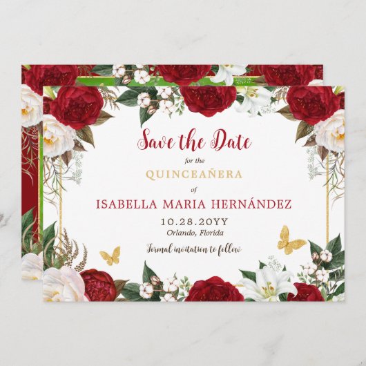 Red & Gold Elegante Quinceñera Save The Date (Vorne/Hinten)