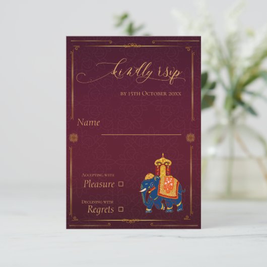 Red Gold Elephant Lebende indische Hochzeit RSVP Karte (Stehend Vorderseite)
