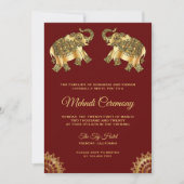 Red Gold Elephants Indian Henna Mehndi Zeremonie Einladung (Vorderseite)