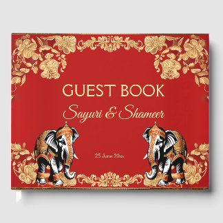 Red gold elephants Indian wedding personalized Gästebuch