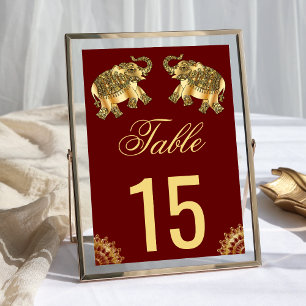 Red Gold Ethnic Elephants Indian Wedding Tischnummer