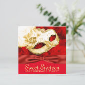 Red Gold Feather Masquerade Party Einladung (Stehend Vorderseite)