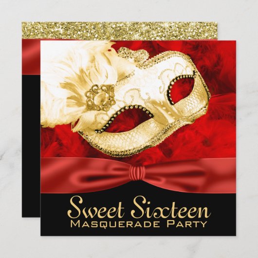 Red Gold Feather Sweet 16 Masquerade Party Einladung (Vorne/Hinten)