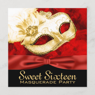 Red Gold Feather Sweet 16 Masquerade Party Einladung