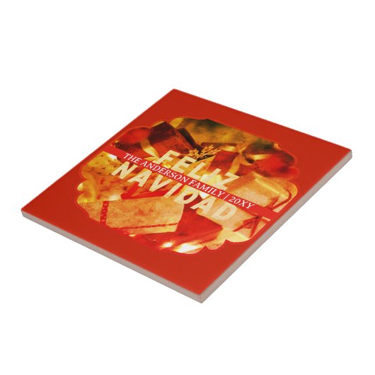 Red Gold Feliz Navidad Elegant Keepsake Christmas Fliese (Seite)