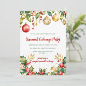 Red Gold Festive Ornament Exchange Christmas Party Einladung (Stehend Vorderseite)