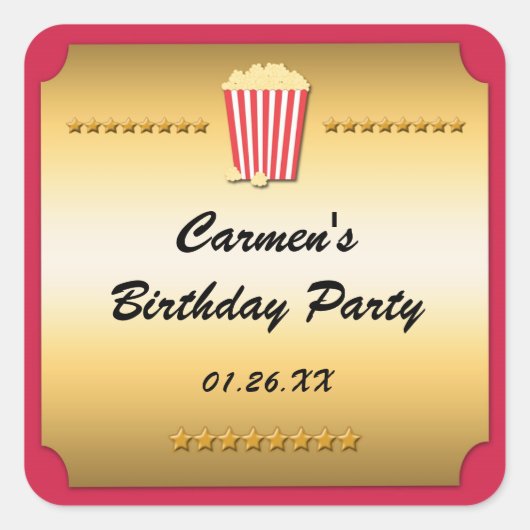 Red & Gold Film Kino Popcorn Party Sticker (Vorderseite)
