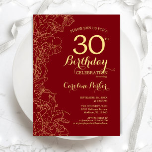 Red Gold Floral 30. Geburtstag Party Einladung