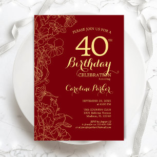 Red Gold Floral 40. Geburtstag Party Einladung