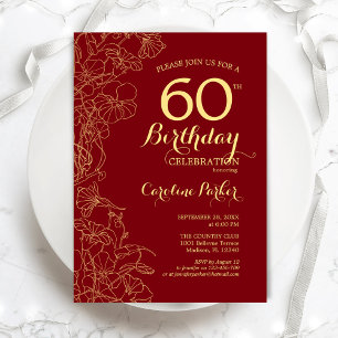 Red Gold Floral 60. Geburtstagsparty Einladung