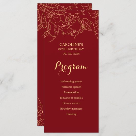 Red Gold Floral Birthday Programm (Vorne/Hinten)