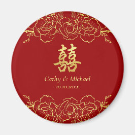 Red gold floral border chinese wedding double xi magnet
