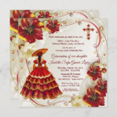 Red Gold Floral Charra Quinceanera Einladung (Vorne/Hinten)