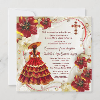 Red Gold Floral Charra Quinceanera Einladung