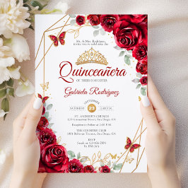 Red Gold Floral Chic Quinceanera Einladung