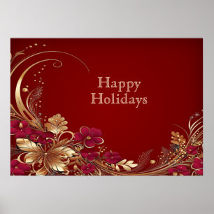 Red Gold Floral Holiday Poster