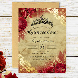Red Gold Floral Lace Quinceanera Folieneinladung