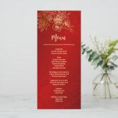 Red Gold Floral Line Chinesische Hochzeit Menükarte (Stehend Vorderseite)